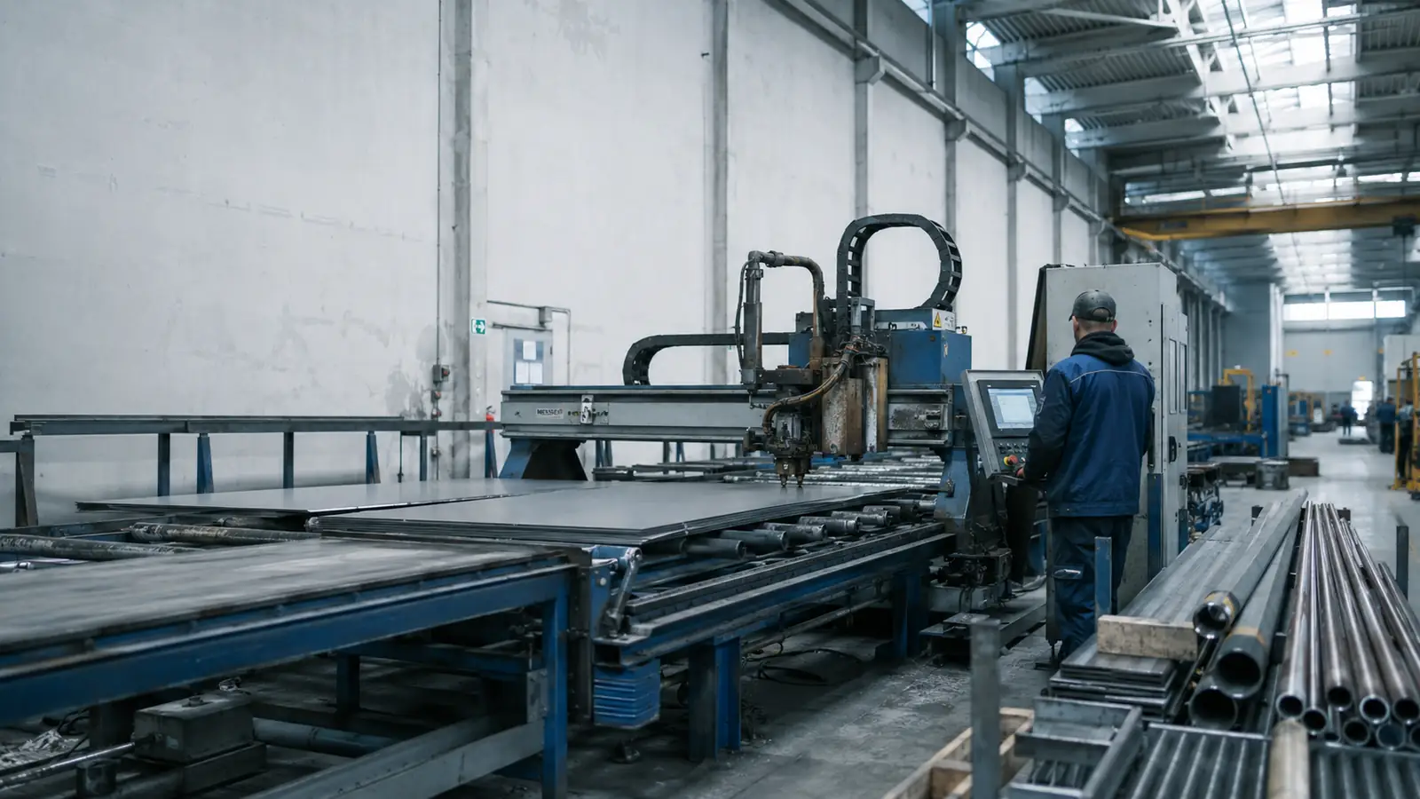 Atelier industriel, poste de découpe de tôle en activité